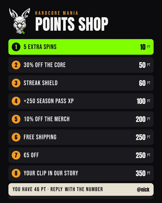The Points Shop menu KANG sends: the prizes, numbered, with their price