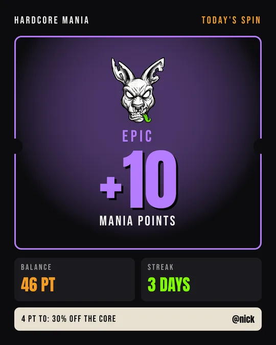 The spin card KANG sends: epic, +10 Mania Points, balance 46, 4 points to the 30% off The Core