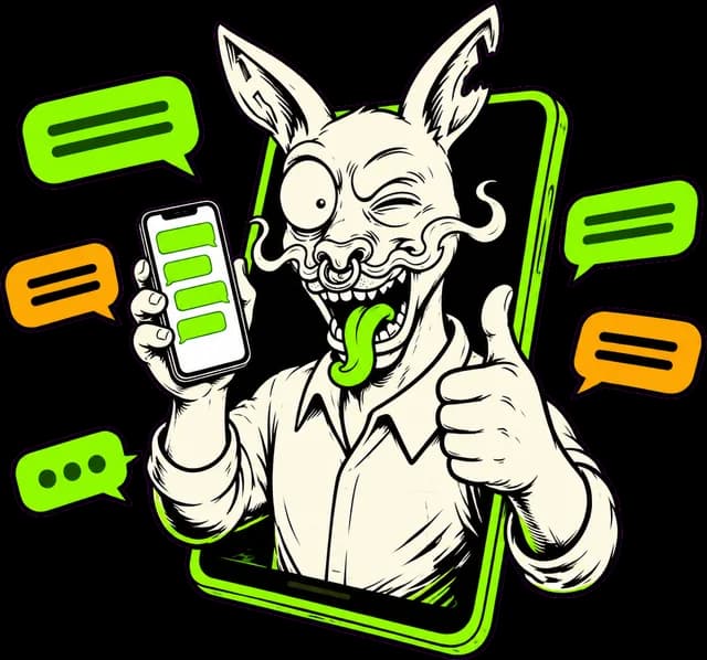 KANG coming out of a phone, thumbs up, with chat bubbles around him